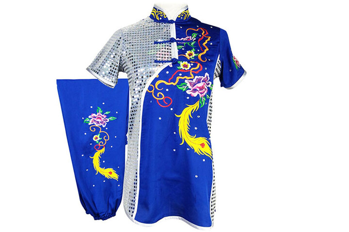 Vestido Concorrência Chang Quan HanCui, Flores & Pena Azul