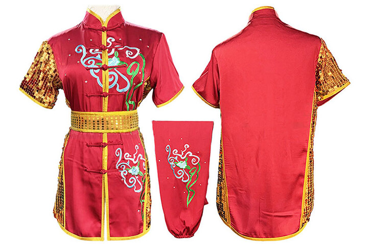 Vestido Concorrência Chang Quan HanCui, Flores Vermelho & Ouro
