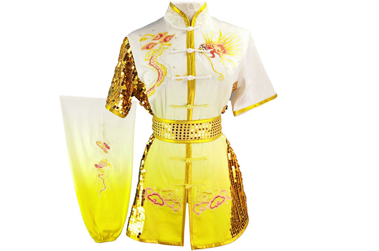 HanCui Chang Quan Compétition Uniform, White & Yellow Gradiant Dragon