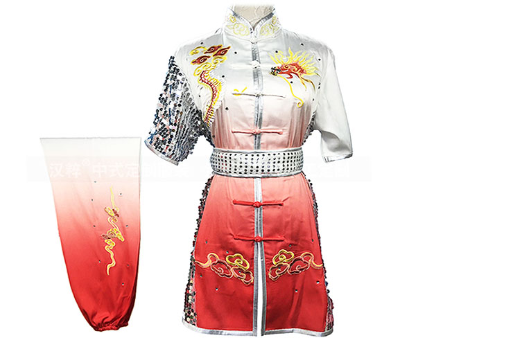 HanCui Chang Quan Competition Uniform, White & Red Gradiant Silver Dragon