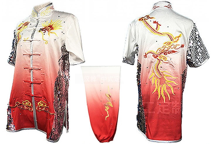 HanCui Chang Quan Competition Uniform, White & Red Gradiant Silver Dragon