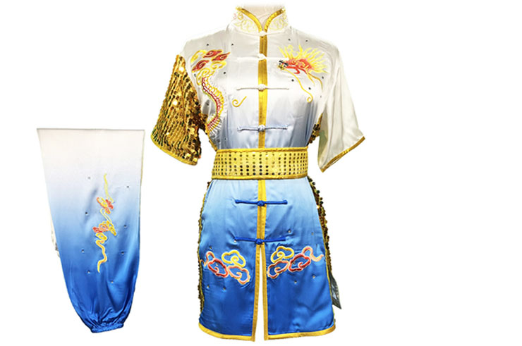 HanCui Chang Quan Competition Uniform, White & Blue Gradient Dragon