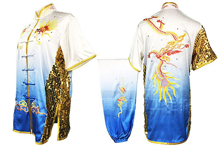 HanCui Chang Quan Competition Uniform, White & Blue Gradient Dragon