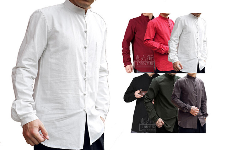 Camisa Chinês Mangas Longo, Algodão