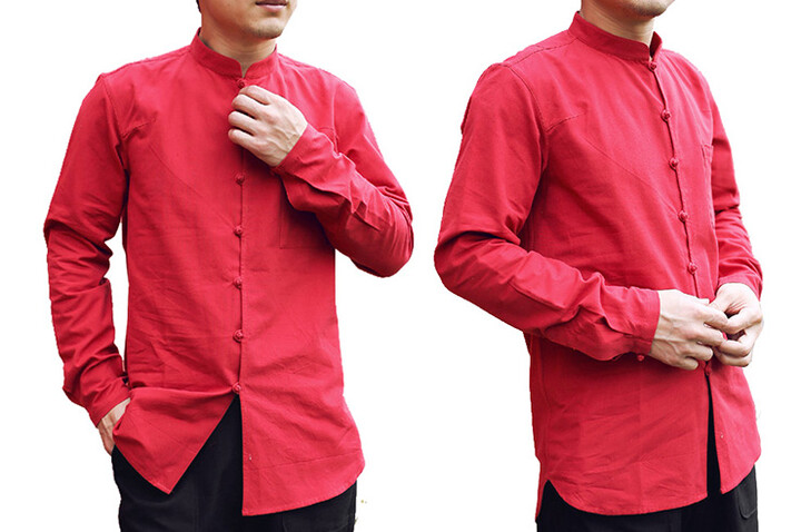 Camisa Chinês Mangas Longo, Algodão