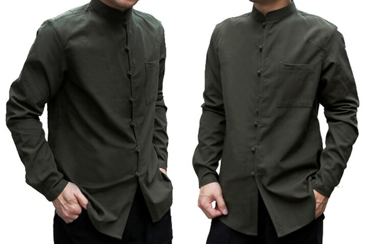 Camisa Chinês Mangas Longo, Algodão