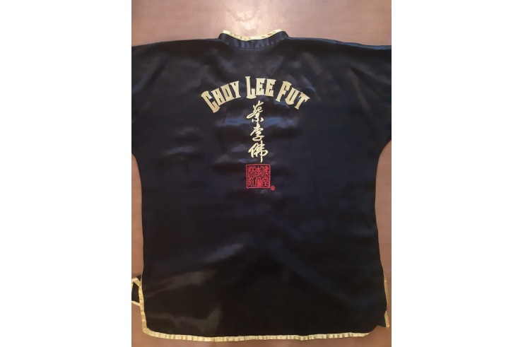 Imitation silk uniform, black/yellow trim, black pant, without belt, embroidery on the back and leg